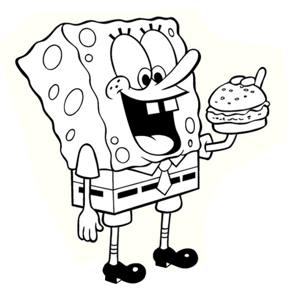 Printable Cartoon spongebob eating hamburger coloring