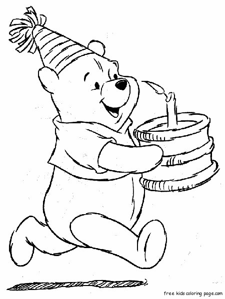 Print out coloring pages Winnie the Pooh with a birthday cake