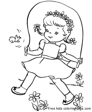 Print out spring cute girl jumping rope coloring page