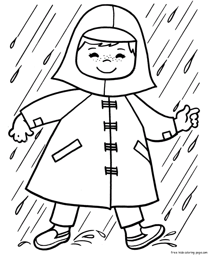 Print out spring girl playing in rain coloring page