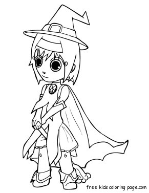 Print out halloween cute girls in witch costumes coloring pages