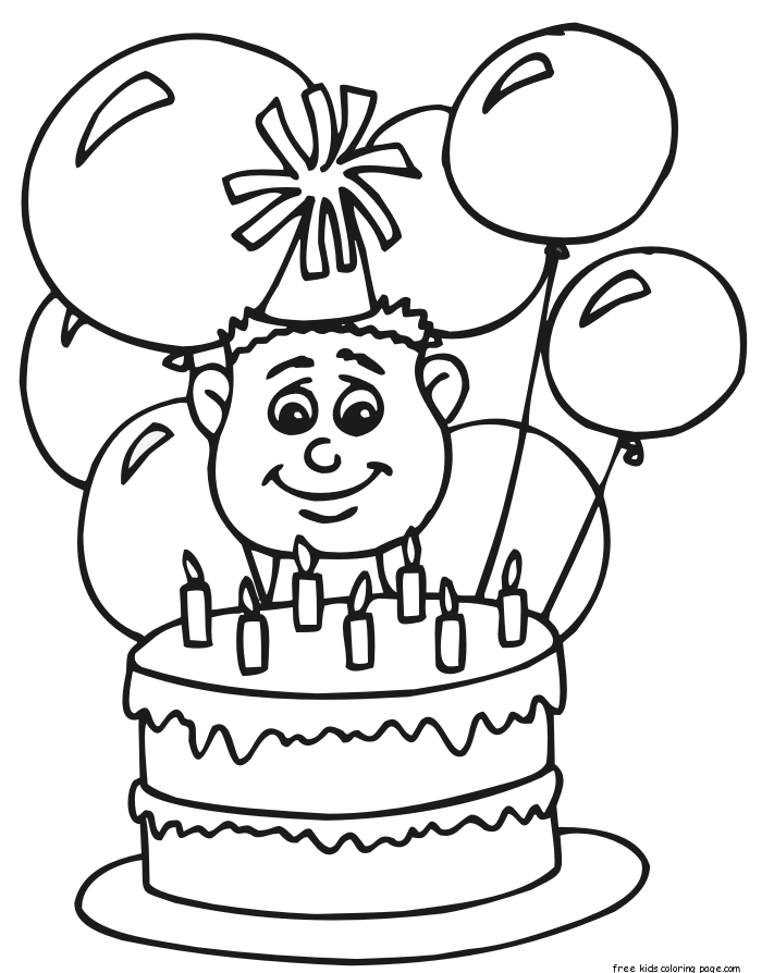 7 years boy with birthday cake and balloon coloring pages