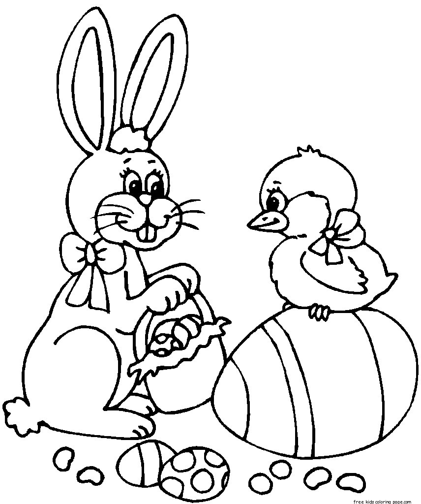 Printable Bunny With Basket And Chick Coloring Page