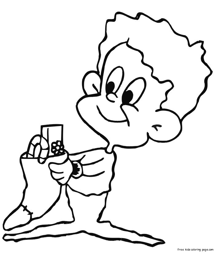 boy holding christmas stocking printable coloring pages