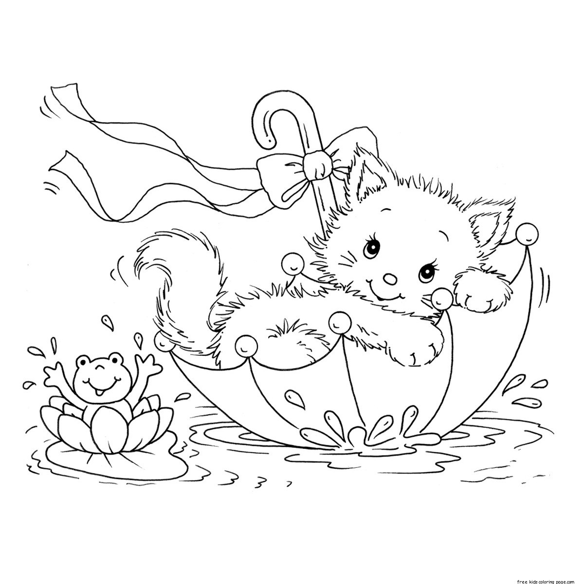 Printable coloring pages kitty cat and frog in umbrella