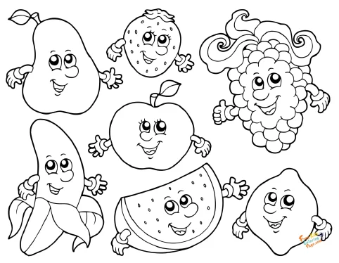 Apple Watermelon Strawberry Banana Grape cute easy fruit coloring in sheet for kids