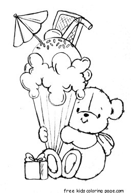 Printable teddy bear with birthday ice cream coloring pages