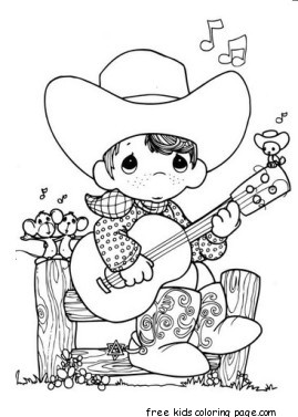 Precious Moments boy playing guitar cowboy coloring pages