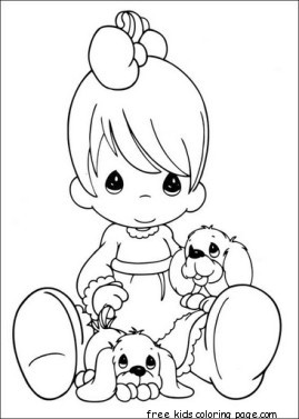 Print out cute boy with puppies colouring pages