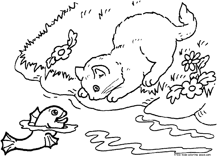 Printable cat and fish playing coloring pages