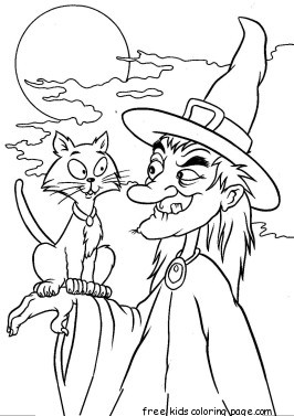 Halloween witches and cat coloring pages