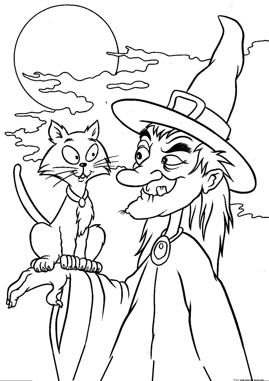 Halloween witches and cat coloring pages