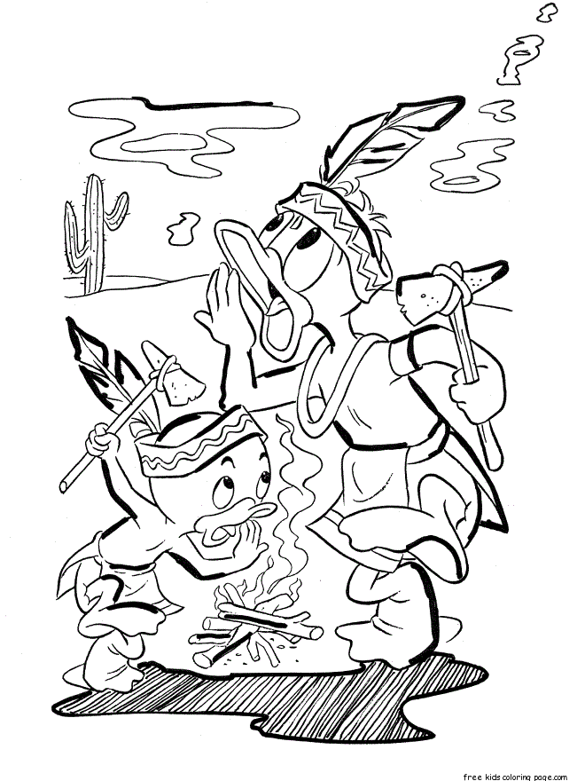 donald duck playing Indians coloring page