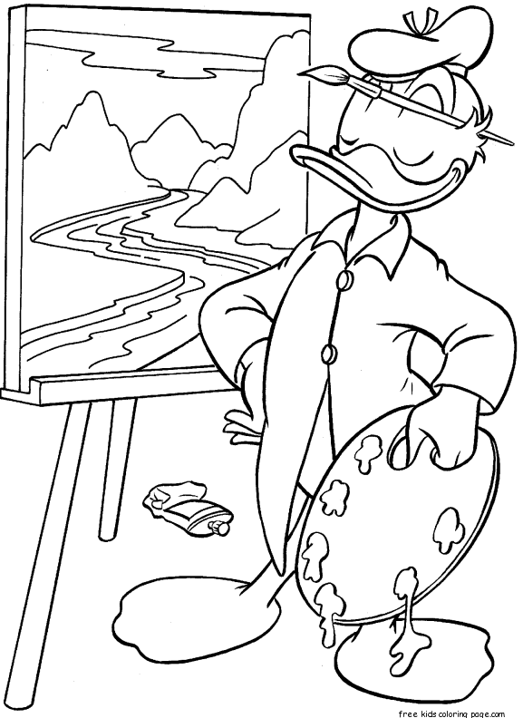 Printable Disney Donald Duck painting a picture coloring page