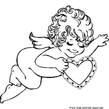 Print out Valentines Day Cupid with Hearts coloring page
