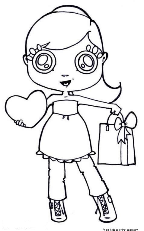 Printable Girl with valentines presents coloring page