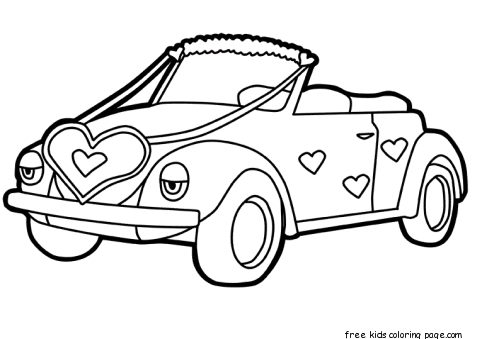 Printable cute car decorations with Hearts Valentines Day coloring pages