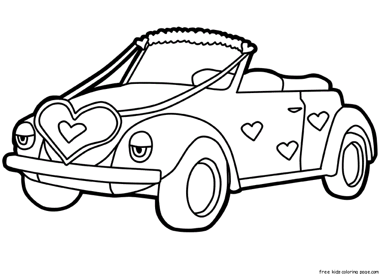 Printable cute car decorations with Hearts Valentines Day coloring pages