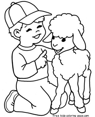 printable lamb and boy coloring page