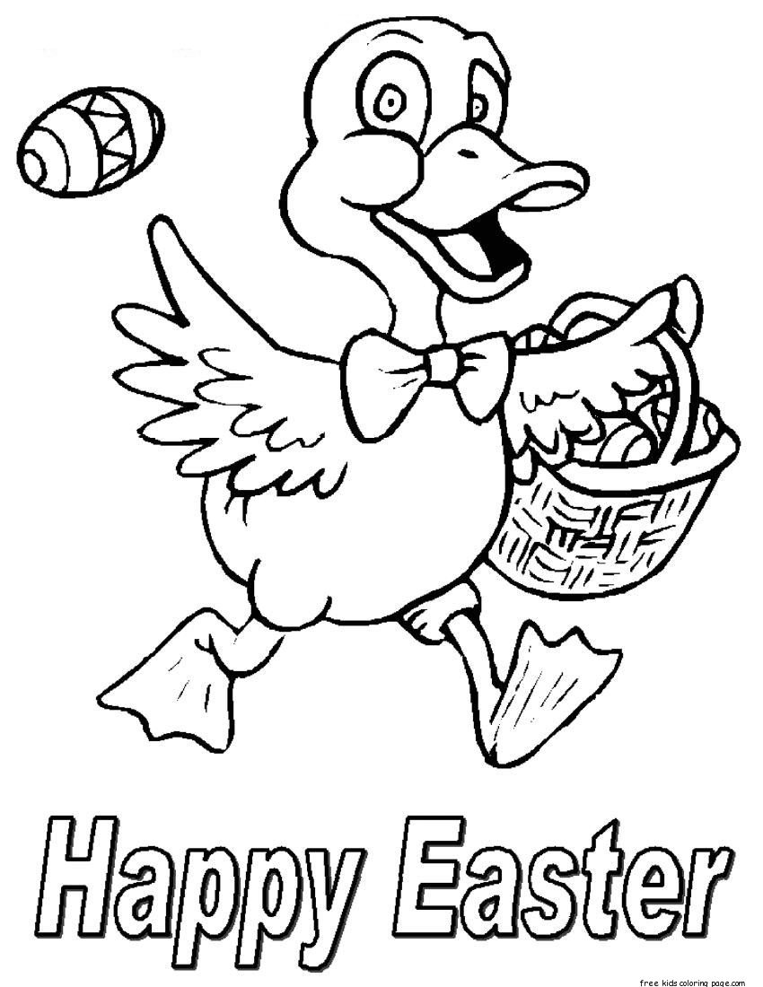 Printable Happy Easter little chicken with a basket full of Easter Eggs Coloring Pages