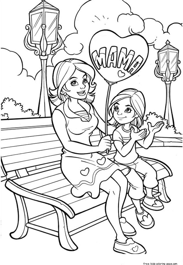 Printable Happy mother and daughter in the park coloring pages