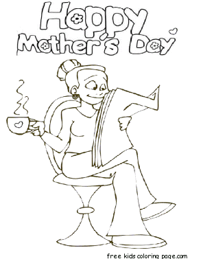 Printable Mother relaxing with newspaper and tea in Mothers Day colorign pages 1