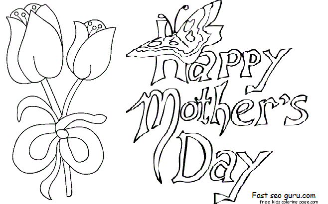 Printable Happy mothers day card with tulips coloring pages 1