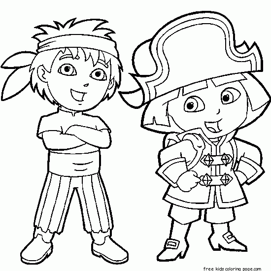 Printable Dora the Explorer and Diego dressed as pirate coloring pages