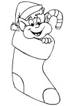 Coloring pages of christmas elves in stockings for kids.
