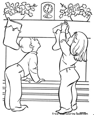 Christmas stockings hanging over fireplace coloring pages for kids