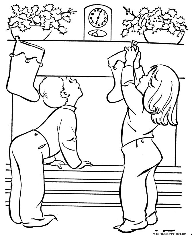 Kids hanging stockings coloring pages