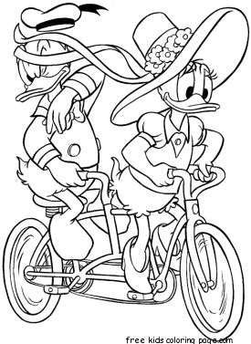 Printable Disney Daisy Duck and Donald Duck bicycle coloring page