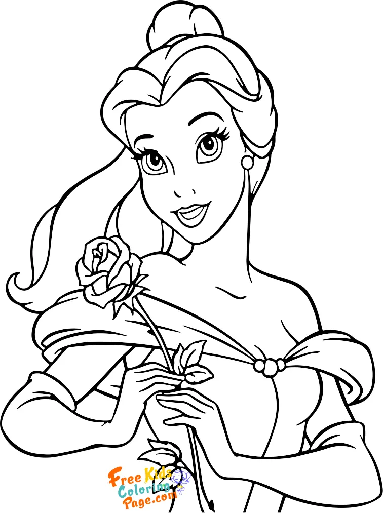 coloring page of belle holding a rose beauty and the beast