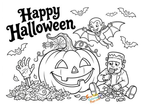 Cute vampire boy waving and Frankenstein next to a jack o lantern pumpkin and zombie hand template coloring sheets