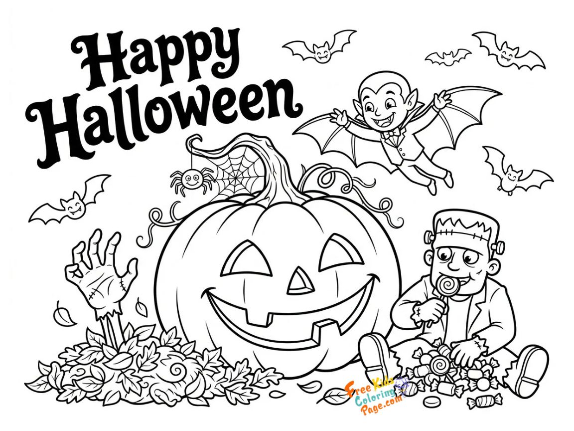 Cute vampire boy waving and Frankenstein next to a jack o lantern pumpkin and zombie hand template coloring sheets